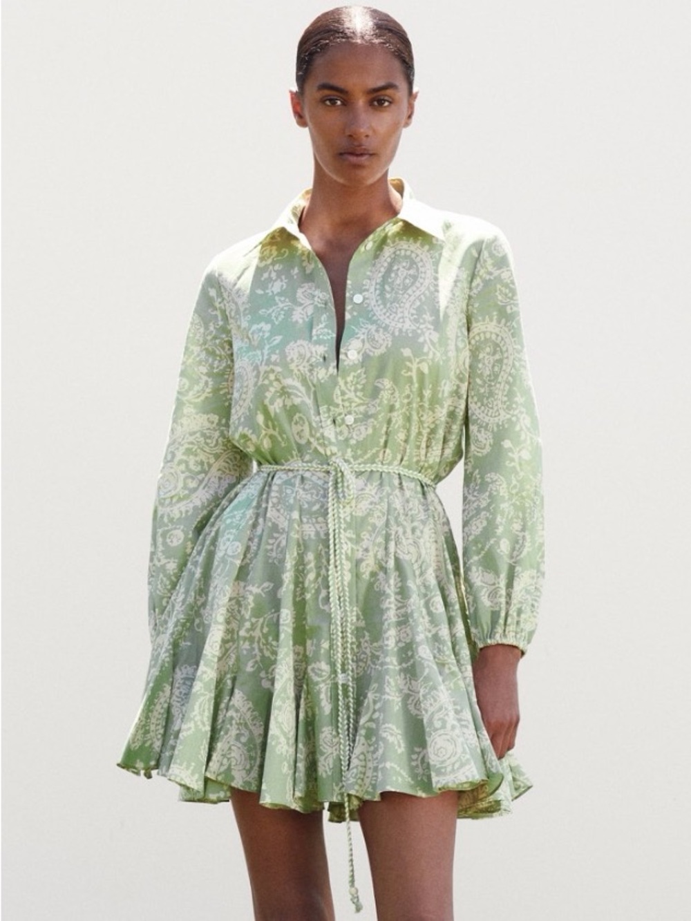 Zara Light Green Paisley Mini Shirt Dress